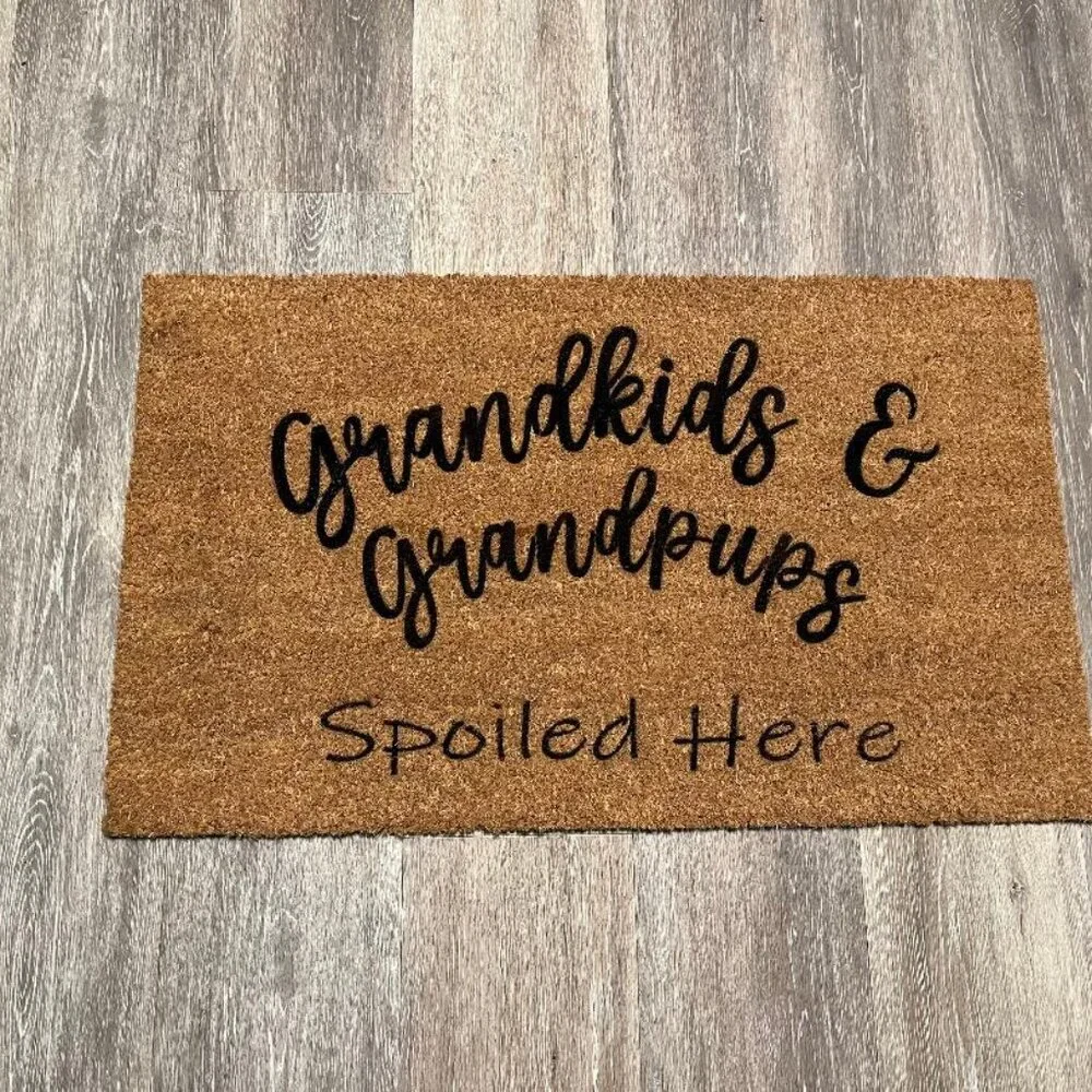 Grandkids & Grandpups Spoiled Here decorative coir doormat